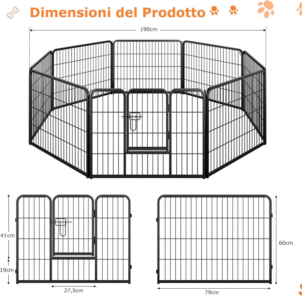 Recinto per Cani Interno ed Esterno, 8 Pannelli Altezza 60/80 CM Recinzione per Piccoli/Medi Animali/Coniglio/Gatto, Cancelletto Portatile Pieghevole con Porta (190 x 60 cm)
