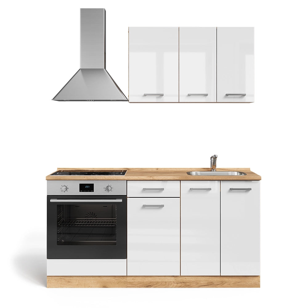 Vicco Cucina completa Bianco lucido/oro power oak 160 cm con base forno e lavello senza PT