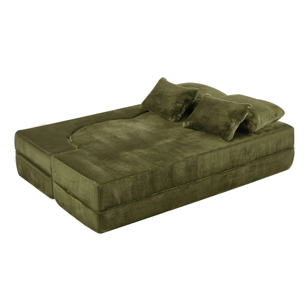 Divano letto futon pieghevole 2 in 1 con schiuma ad alta densità e 4 cuscini design moderno in tessuto verde