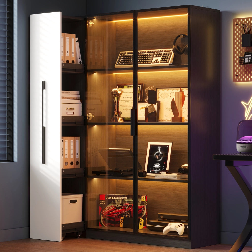 Vetrina 110，5x35x160 cm in MDF e vetro nero con LED