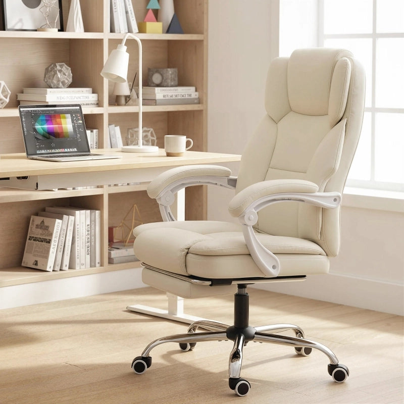 Sedia da ufficio reclinabile con poggiapiedi girevole 360° in pelle sintetica beige 64 × 73 × 112-120 cm