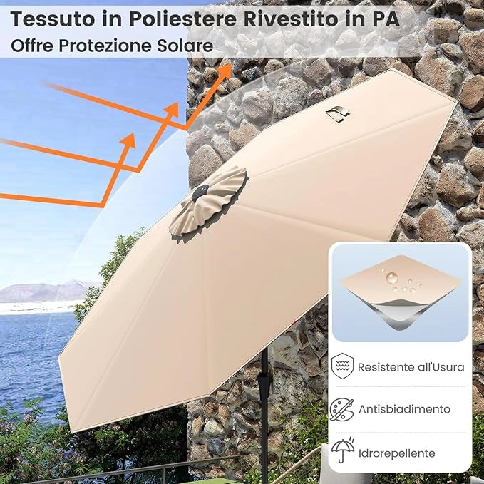 Ombrellone da Giardino 270 cm, Ombrellone da Esterno con Inclinazione Regolabile, Manovella, 8 Stecche, Tettuccio Ventilato, Ombrellone Parasole per Spiaggia, Bordo Piscina