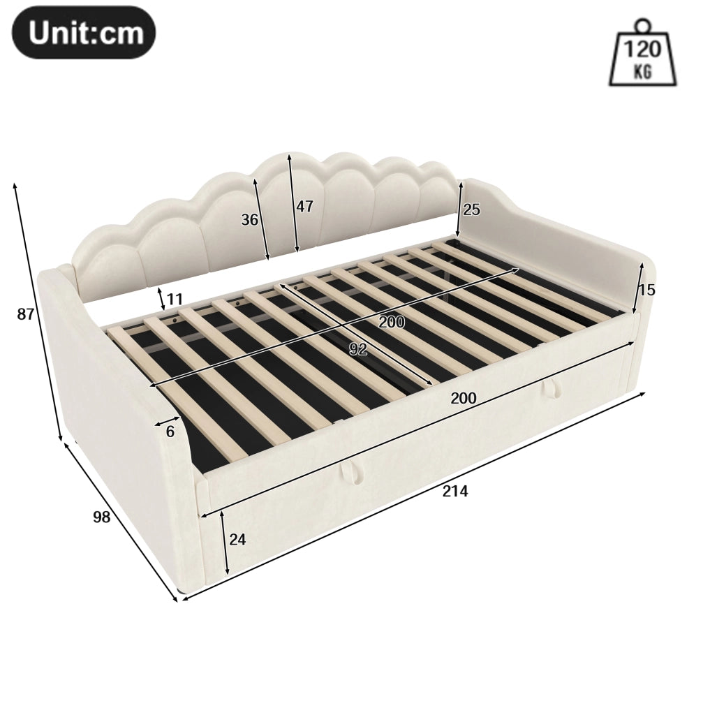 Letto a divano con contenitore 90x200 cm in velluto beige; con LED e sollevamento idraulico