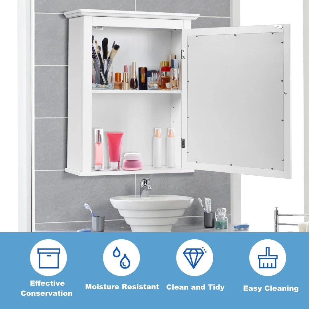 Armadietto a Specchio per Bagno, Mobiletto a Muro in MDF, con Ripiano Regolabile in Altezza, Pensile a Parete, 56 x 15 x 69 cm, 4 Colori (bianco)