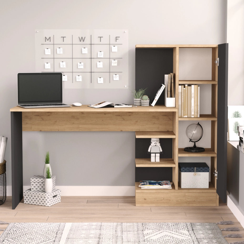 Scrivania Varhalo con Armadio Integrato e Ripiani Aperti - Effetto Rovere / Antracite [en.casa]