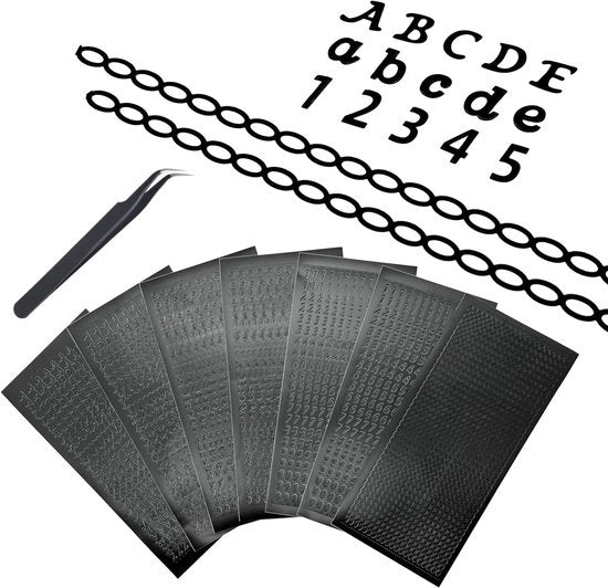 Etichette alfabetiche 7 fogli - Lettere maiuscole/minuscole - Etichette numeriche 0-9 - Etichette a catena - Materiale PVC - Impermeabile/Duraturo - Etichette