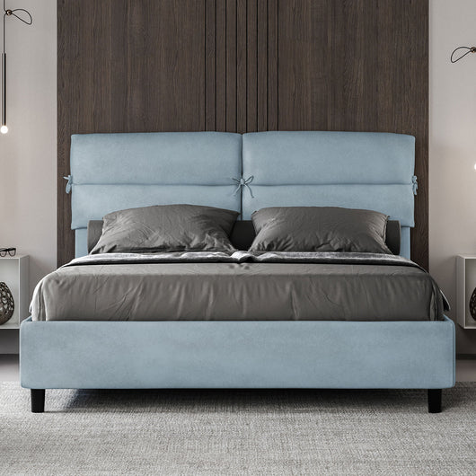 Letto Matrimoniale 160x210 cm con Rete e Contenitore con Testata e Alzata Comoda Imbottito in Microfibra Nandy Azzurro