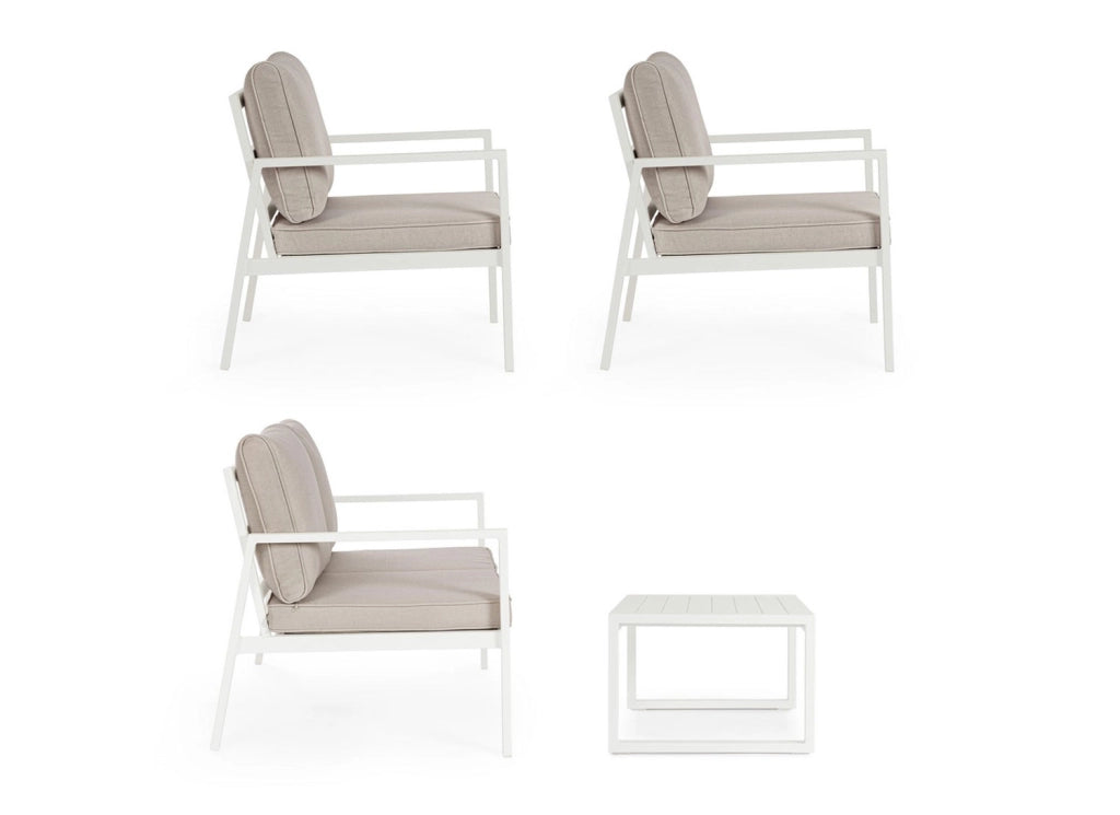 Set 4 Pezzi Salotto da Giardino con Divano 2 Poltrone e Tavolino in Alluminio e Spun Poly Hilde Bianco