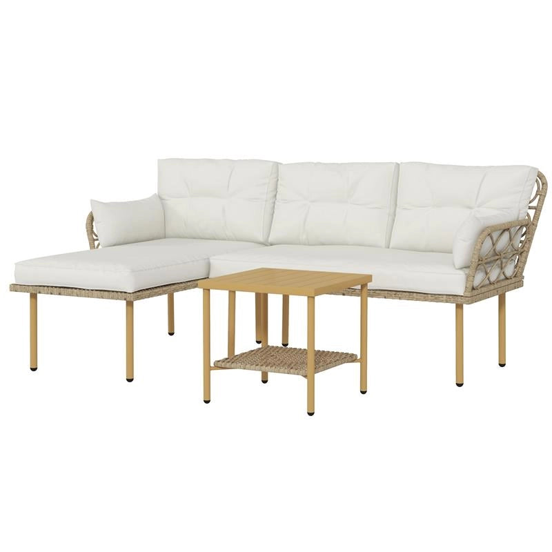 SET DA GIARDINO 3PZ CON CHAISE LONGUE, DIVANETTO, CUSCINI E TAVOLINO, IN RATTAN E ACCIAIO, BIANCO CREMA E LEGNO