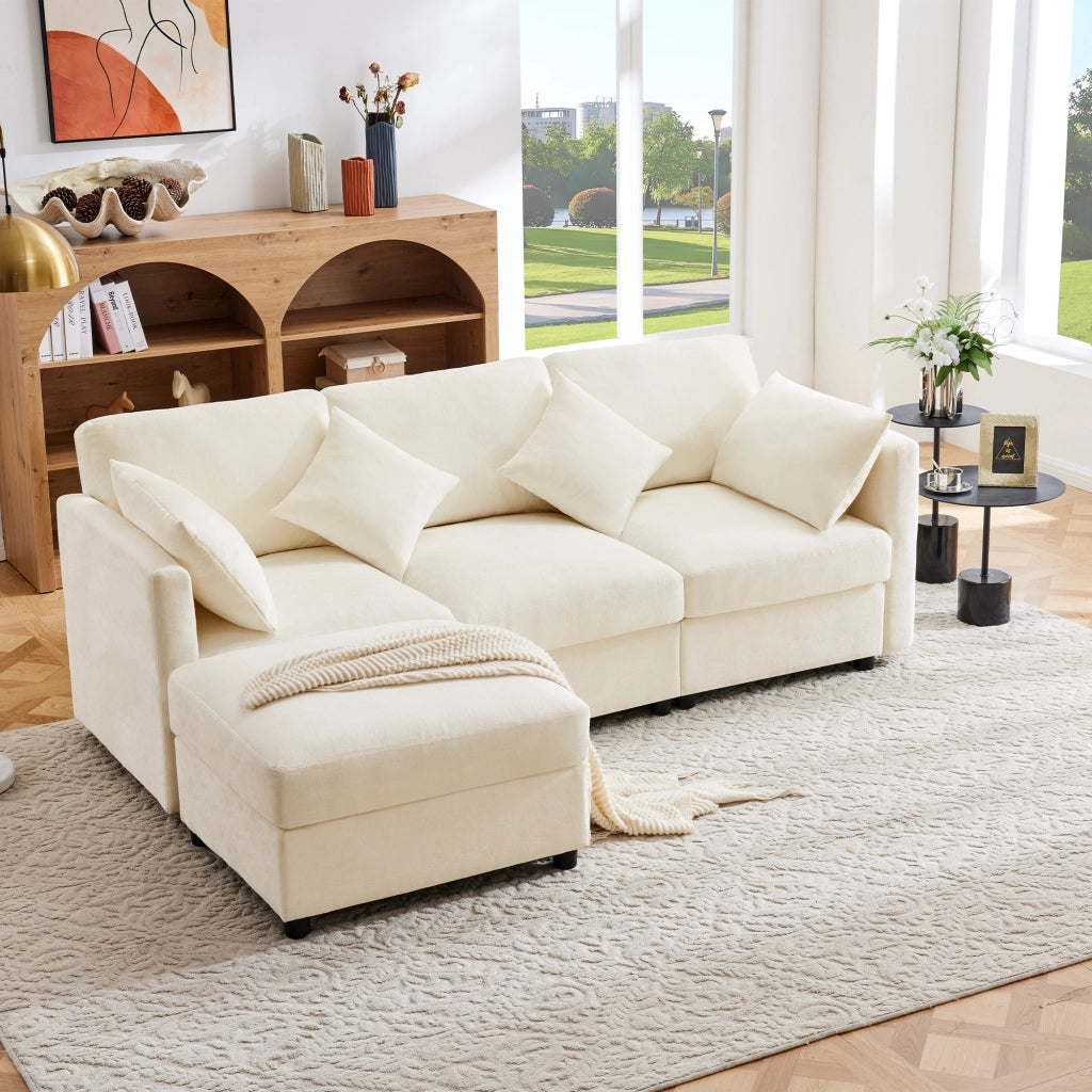 Divano ad angolo modulare con pouf, braccioli regolabili e 4 cuscini in ciniglia beige 218 × 156.5 × 86 cm