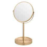 Specchio trucco da appoggio 35H in acciaio oro opaco con ingrandimento 3x e base portaoggetti