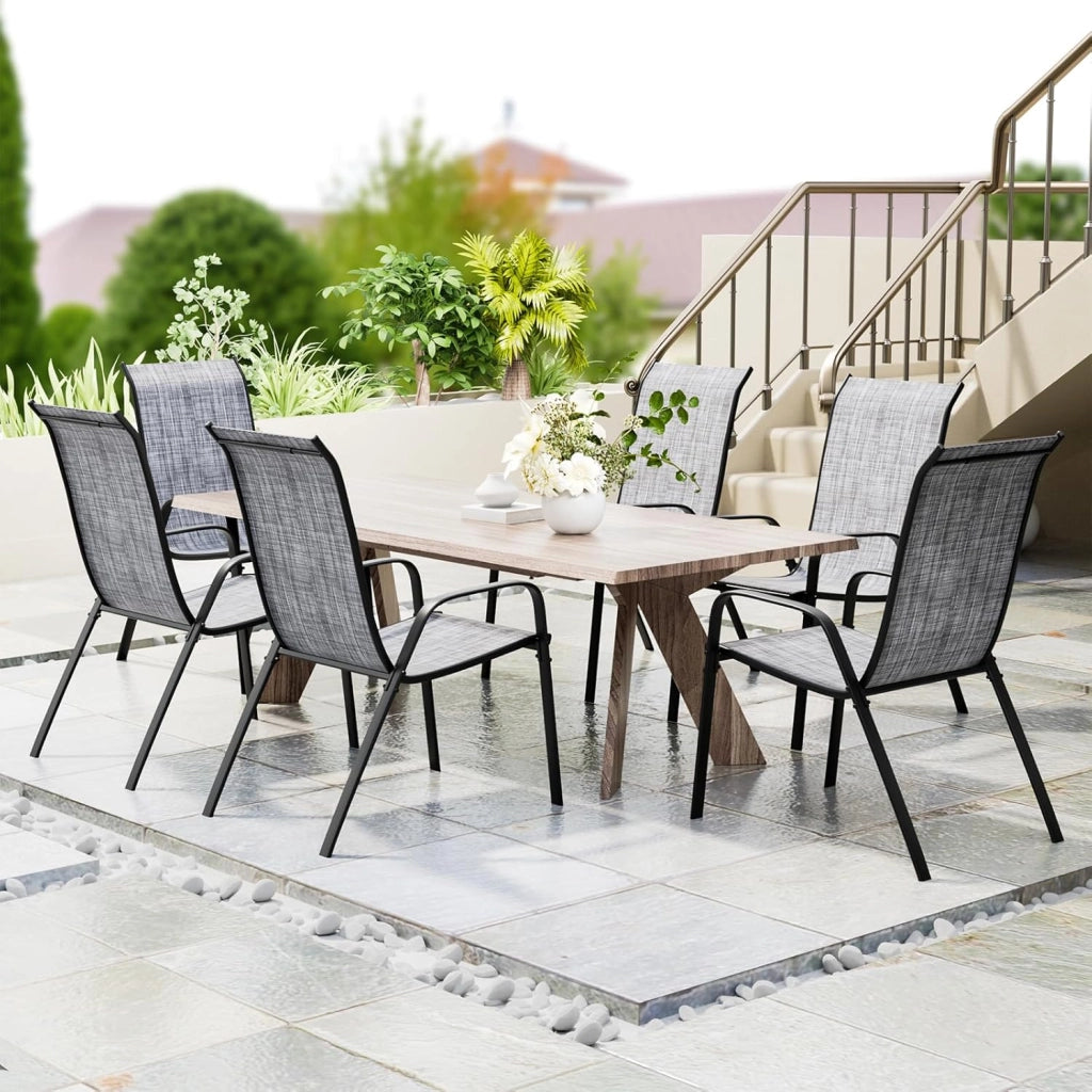 Sedia da giardino impilabile, da campeggio, impilabile, con schienale alto, in acciaio textilene, per giardini, cortili, balconi, ristoranti, 150 kg, portata: 54 x 69 x 93 cm 6pcs Lino grigio