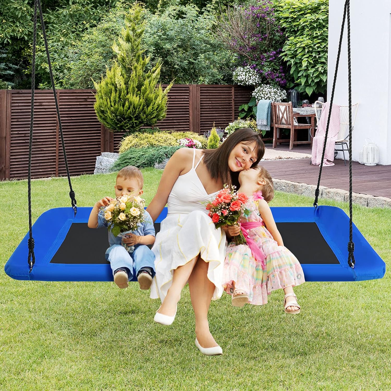 Altalena da Giardino per Bambini, Altalena 150cm con Struttura in Acciaio, Con Corde Regolabili, Adatta per Portico Cortile Giardino (Blu)