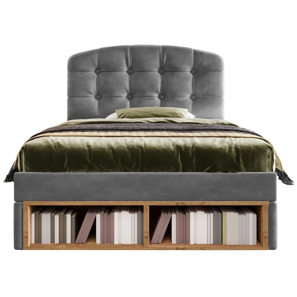 Letto singolo imbottito in velluto grigio 90x200 - Zephmum - Testiera regolabile, cassetti e spazio di archiviazione
