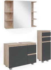 Set mobili bagno J-Shape, Sonoma, 80 cm, composto da mobile sottolavabo, specchiera e mobile medio