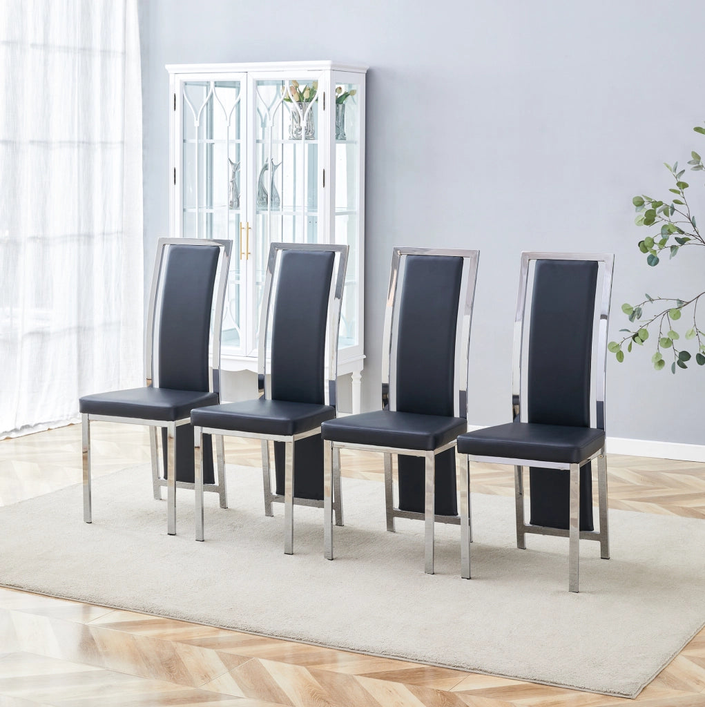 Set 4 sedie da pranzo moderne in PU nero con struttura in metallo argentato; 109 cm
