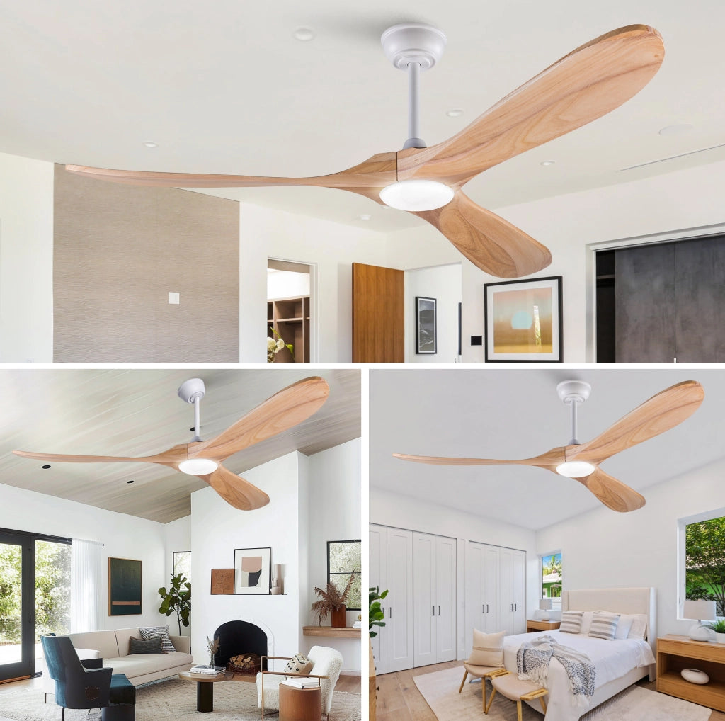 Ventilatore da soffitto 60 pollici con luce LED; 3 pale in legno massello; bianco naturale