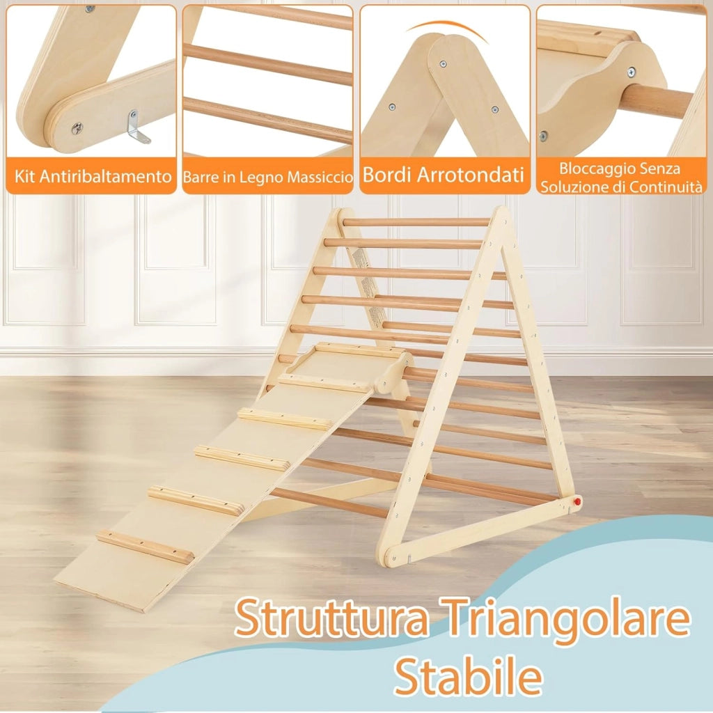 Triangolo a Gradini, Scala Giochi Arrampicata a Triangolo, con Scivolo, Palestra Coperta da Casa, Legno, Ideale per Bambini 3+ Anni (naturale)