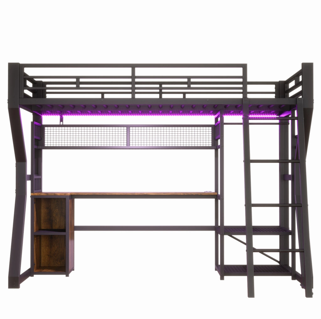 Letto a soppalco 90x200 cm con scrivania, luce regolabile e presa in metallo nero
