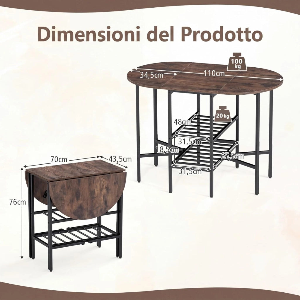 Tavolo Pieghevole per 4 Persone, Tavolo Salvaspazio da Pranzo Richiudibile con 2 Ripiani Aperti, Piedini Regolabili e Struttura in Metallo per Sala da Pranzo, Soggiorno e Ufficio (Marrone)