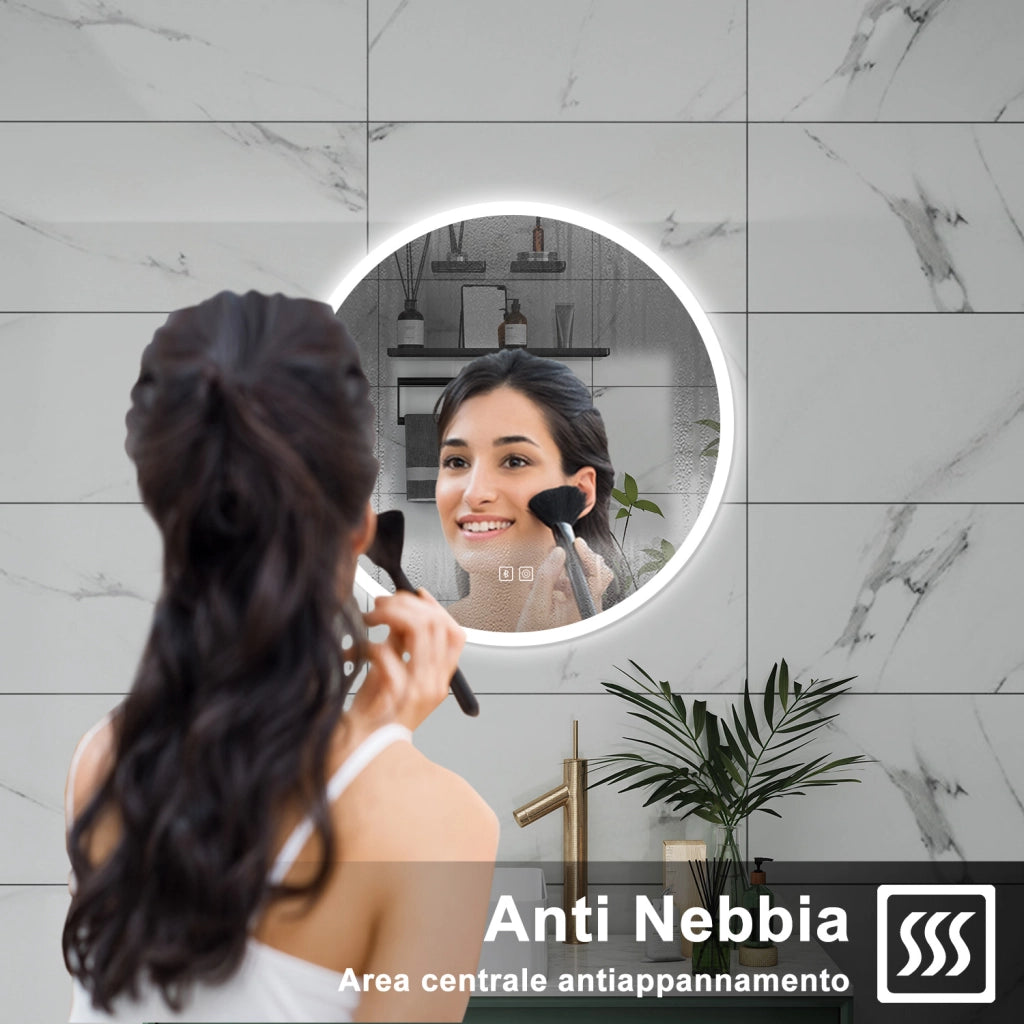 AICA Specchio da bagno 70 x 70 cm, blue tooth, 3 colori, antiappannamento, dimmerabile, interruttore touch, Funzione Memoria