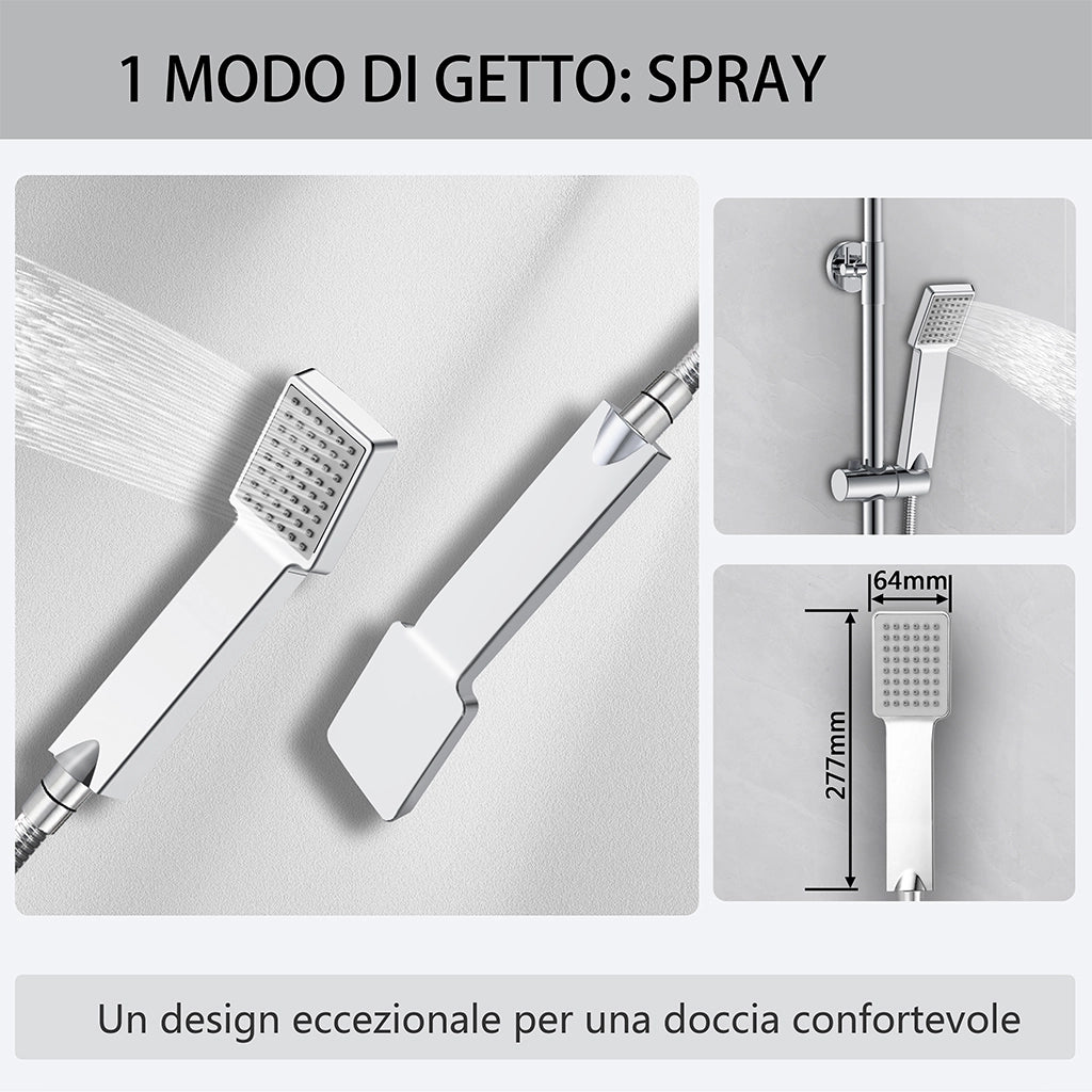Kit doccia con miscelatore termostatico, soffione quadrato 20x20cm, doccetta quadrata 22x6.4cm, colonna doccia regolabile 72-120cm, cromo