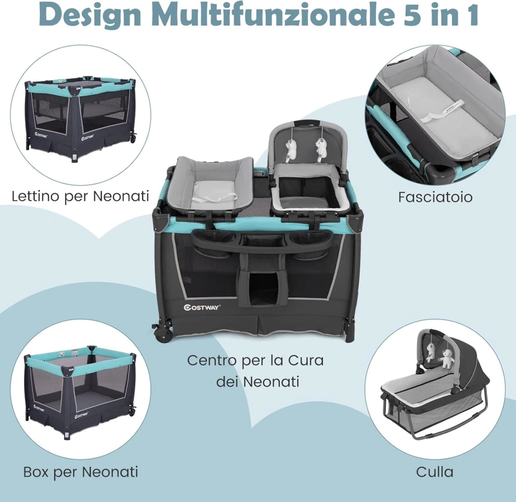 Lettino da Campeggio Pieghevole 5 in 1, Box Bambini con Culla Removibile, Fasciatoio, Materasso, Ripiano Portaoggetti, Ruote Bloccabili, per Bambini 0-36 Mesi (Verde, 103 x 74 x 73 cm)