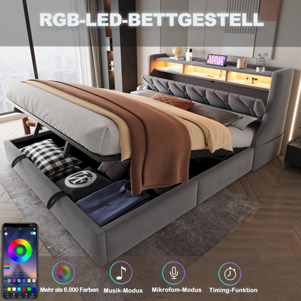 Letto matrimoniale imbottito 180x200 cm in velluto grigio con contenitore; LED e prese
