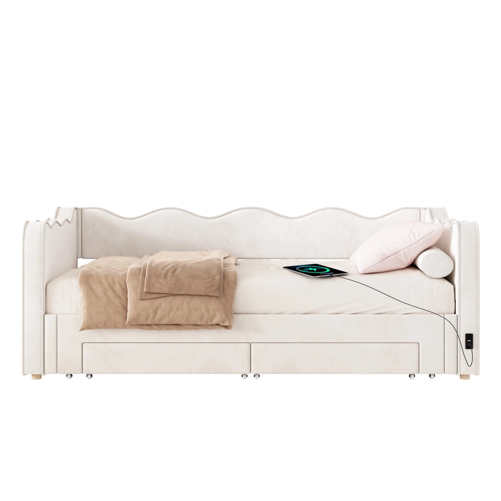 Letto daybed estraibile 90x200 cm con cassetti, USB e tessuto effetto velluto, beige