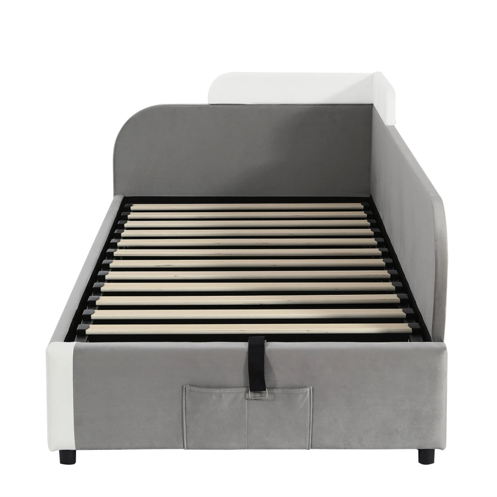 Letto imbottito per bambini con contenitore idraulico; sponda morbida; 90x200 cm; velluto bianco e grigio