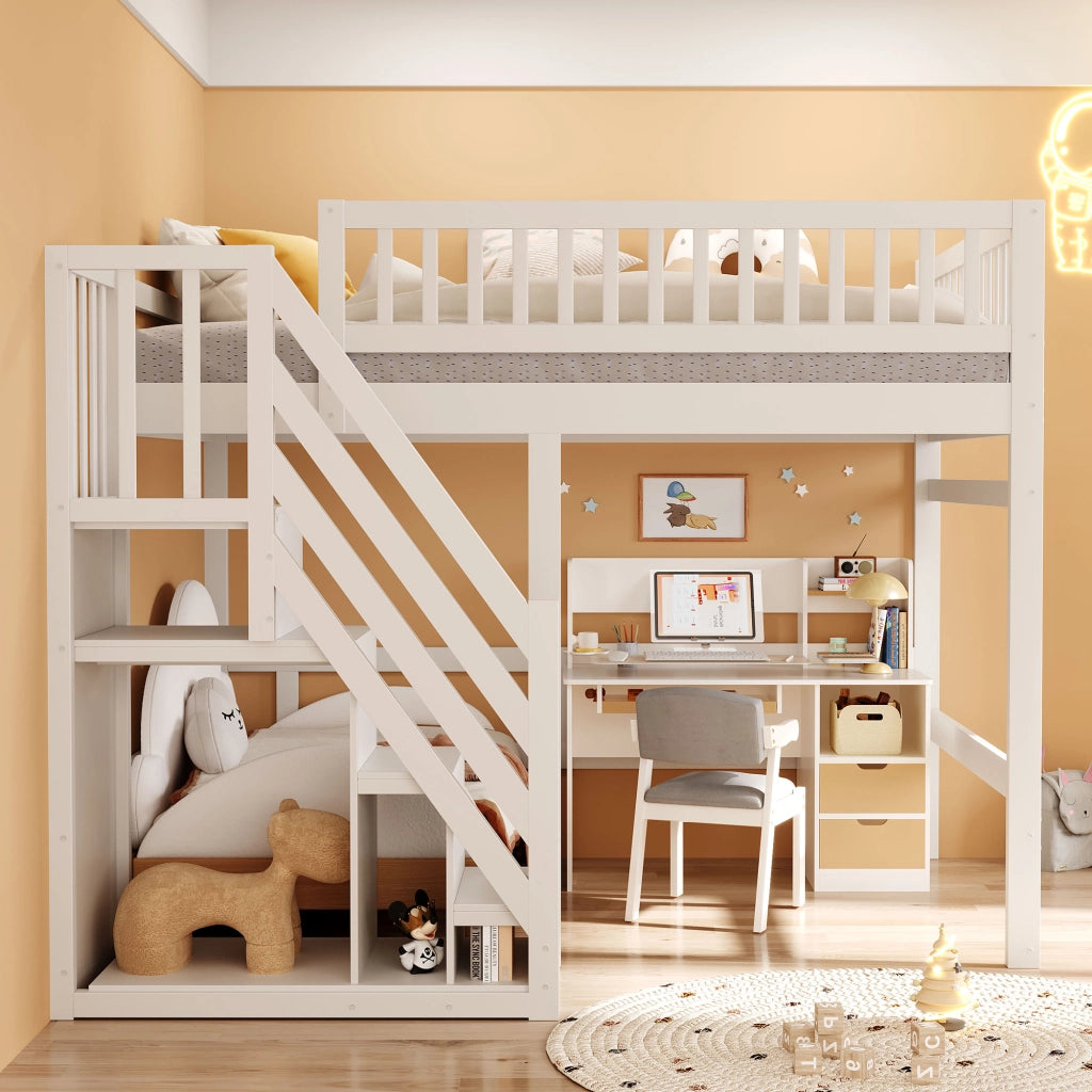 Letto a castello in legno bianco con scala a scomparti e parapetto alto 140x200 cm
