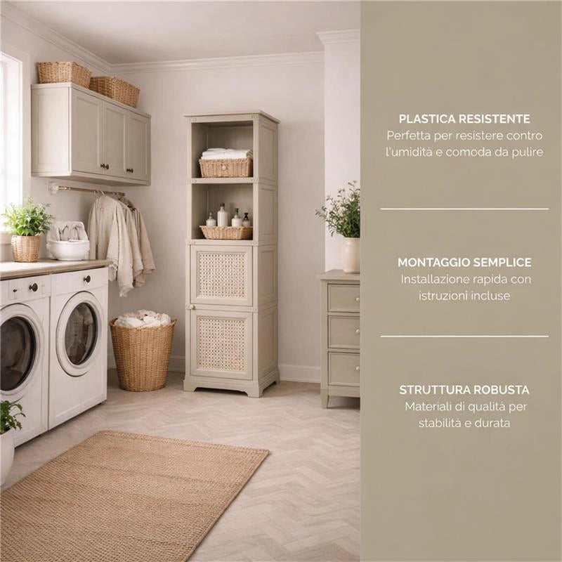 MOBILE 4 MODULI 40X43X164 CM TAUPE CON ANTE TRAFORATE E 2 VANI A GIORNO – LIBRERIA CONTENITORE VERTICALE DESIGN PER ZONA LIVING