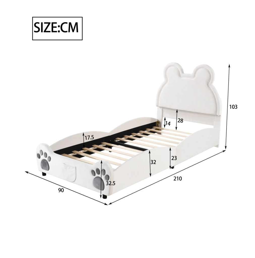 Letto per bambini a forma di orso 90x200 cm in velluto bianco