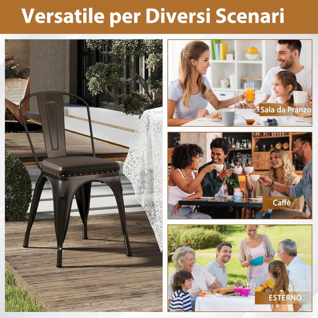 4 Sgabelli Cucina 53 x 44 x 84 cm, Sedie Impilabili con Schienali Rimovibili e Sedile Imbottito in Finta Pelle, Sgabelli in Metallo per Ristorante, Bistro e Bar (Colore Ruggine)