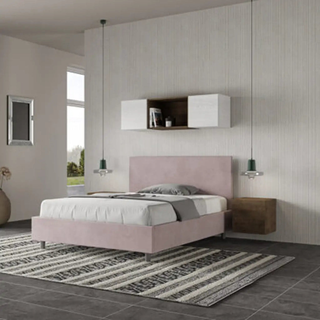Letto matrimoniale francese con rete imbottito 140x210 microfibra glicine Adele