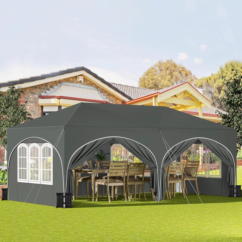 Gazebo Pieghevole da Giardino, Gazebo Idrorepellente Pop Up da 3x6m con Pannelli Laterali, Tendone da Esterno, Altezza Regolabile,Set di 4 Sacchi di Sabbia,con Custodia Grigio