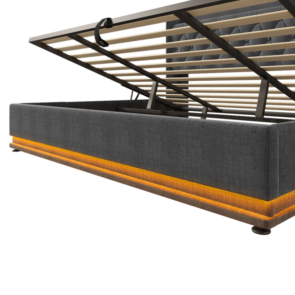 Letto imbottito 180x200 cm con LED; contenitore idraulico; USB Type-C; lino grigio