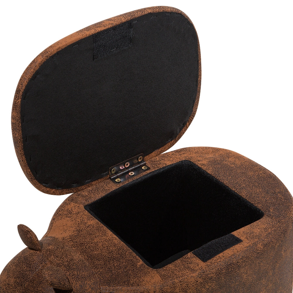 Sgabello per bambini Animal Rhino con contenitore in ecopelle marrone con gambe in legno Poggiapiedi per la cameretta dei bambini