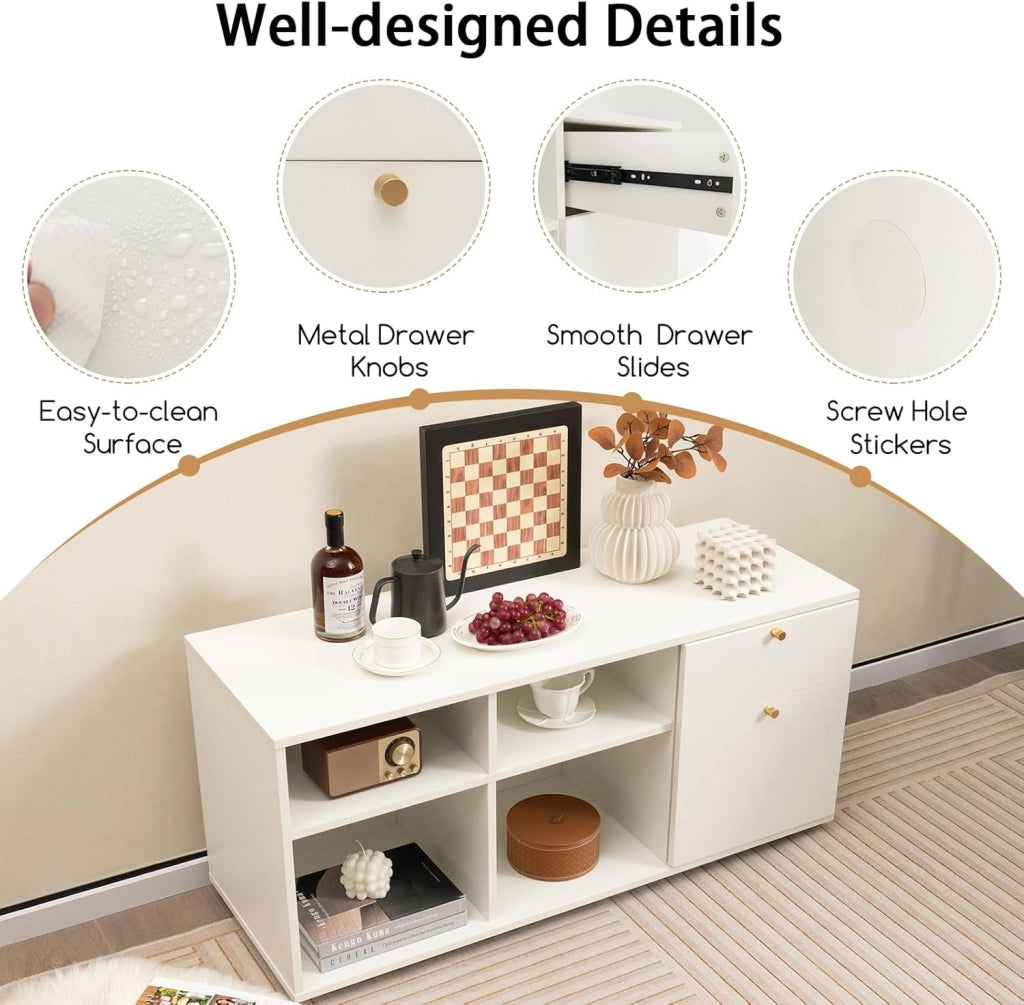 Armadietto con 4 cubi semi-aperti e 2 cassetti, armadio multifunzionale con piedini regolabili, mobile laterale in legno, 108 x 39 x 50 cm, Bianco