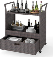 Carrello Bar da Esterno con Ruote, Carrello di Servizio in Rattan con Ripiano in Vetro Temperato, Scaffale di Stoccaggio e Cassetto Rimovibile per Veranda, Giardino e Bordo Piscina