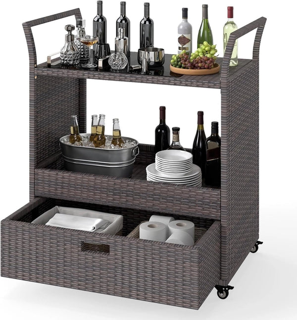 Carrello Bar da Esterno con Ruote, Carrello di Servizio in Rattan con Ripiano in Vetro Temperato, Scaffale di Stoccaggio e Cassetto Rimovibile per Veranda, Giardino e Bordo Piscina