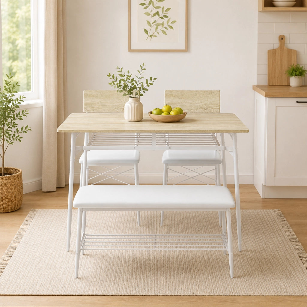 Set da pranzo con tavolo 110x70 cm; 2 sedie e panca salvaspazio in acciaio rovere