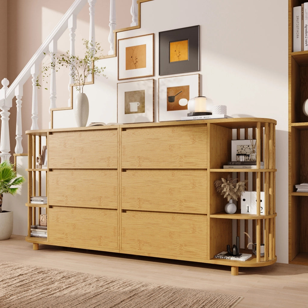 Credenza con 6 Cassetti e Ripiani Aperti in Bamb??; Design Romano; in MDF e Bamb??; 160??40??75 cm; Rovere