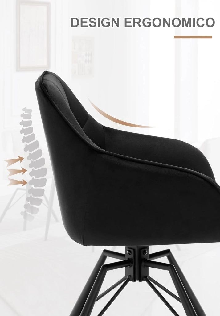 Set di 2 Sedie per Sala Pranzo Girevoli a 360°, Sedie da Cucina Imbottite con Gambe in Metallo, Poltroncine in Velluto, Camera da Letto, Soggiorno, Nero, BH365sz-2