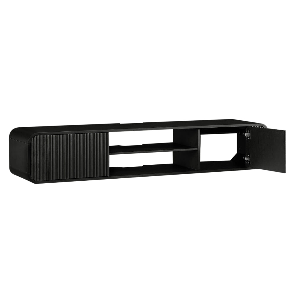 Mobile TV da parete 160 cm con ripiani aperti, mobile sospeso nero per soggiorno e camera