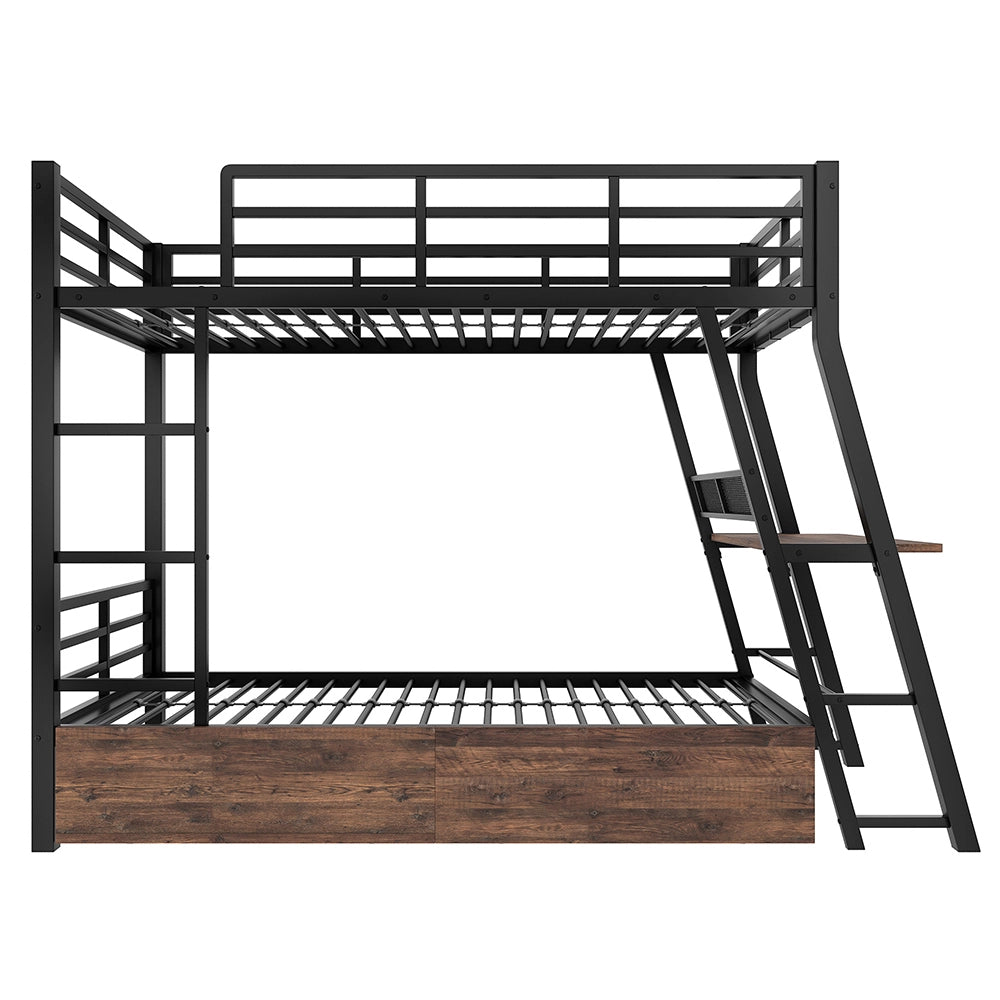 Letto a Castello con LED e Scrivania – Xylo – 90x200cm, Ferro, Cassetti, Paracolpi, Scaletta, Nero, Senza Materasso