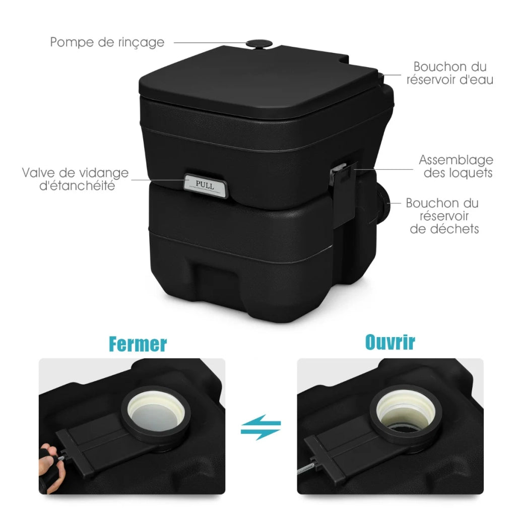 WC chimico portatile 36 x 42 x 36 cm pratico e leggero serbatoio da 20 litri a tenuta stagna in HDPE nero 20_0014729