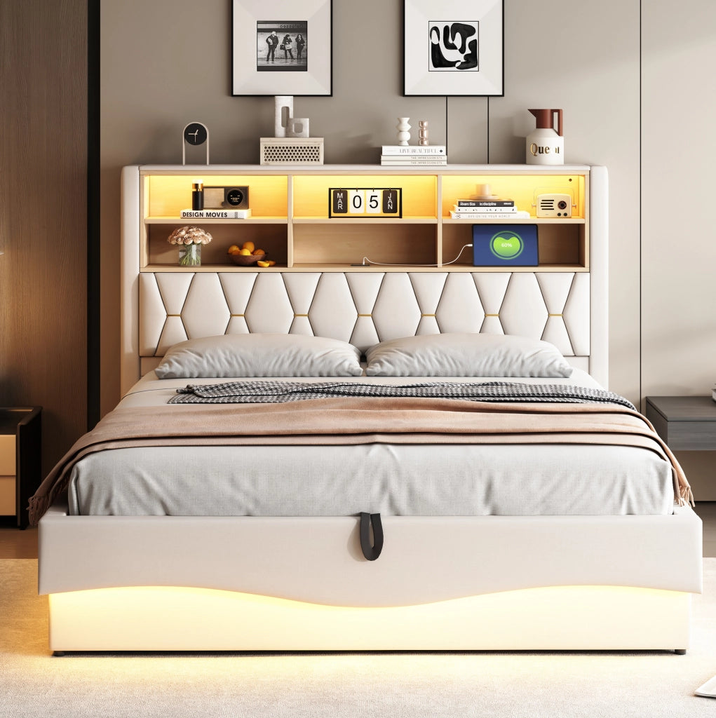 Letto matrimoniale 180x200 cm con contenitore; LED controllabile via app; USB e rivestimento in lino beige