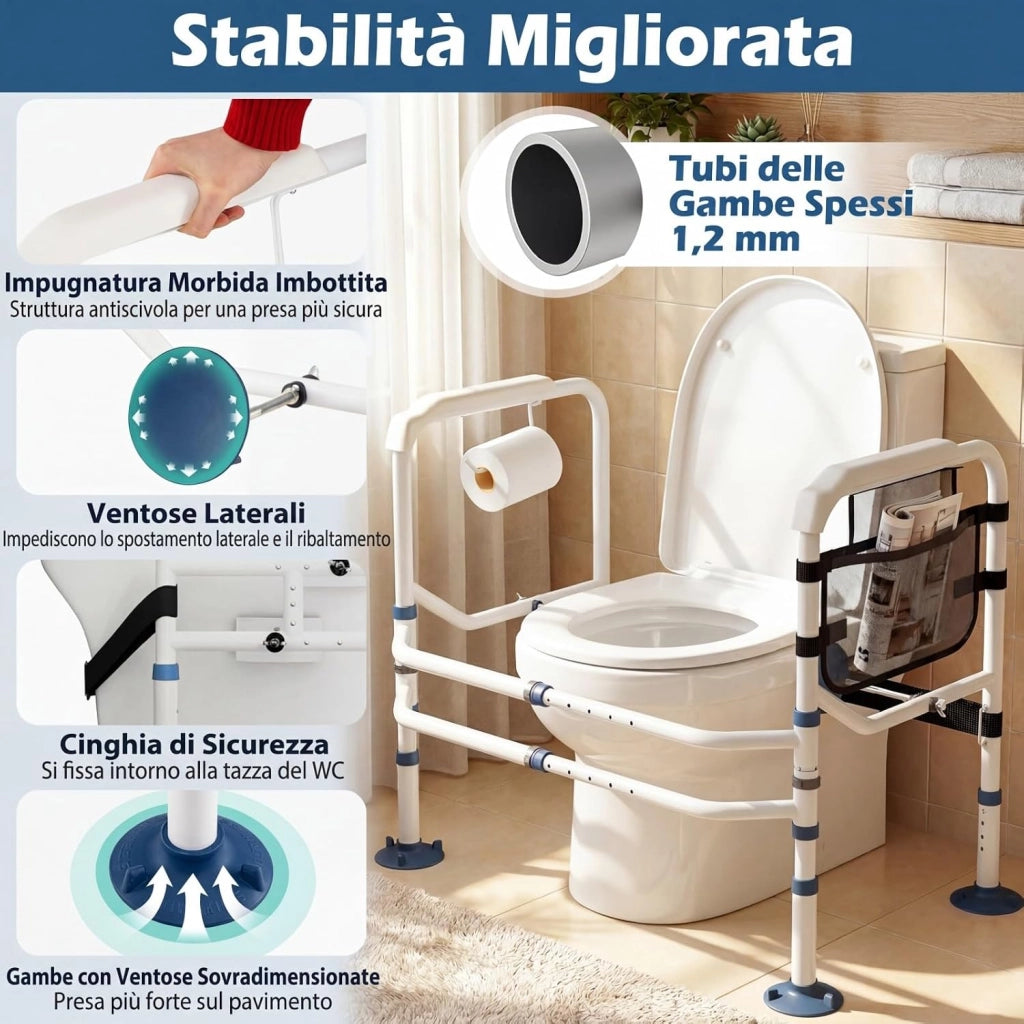 Supporto per WC per Anziani Portata 136 kg, Barra Bagno con Portarotolo e Tasca, Altezza e Lunghezza Regolabili, Corrimano di Sicurezza per WC per Disabili e Donne in Gravidanza