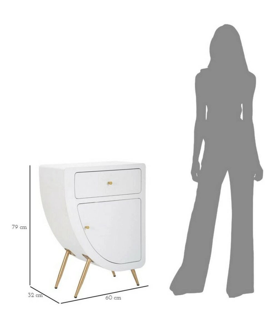 Comodino Suze, Comò basso, Tavolino da notte, Mensola da letto, Bianco e Oro, 60x32 h79 cm